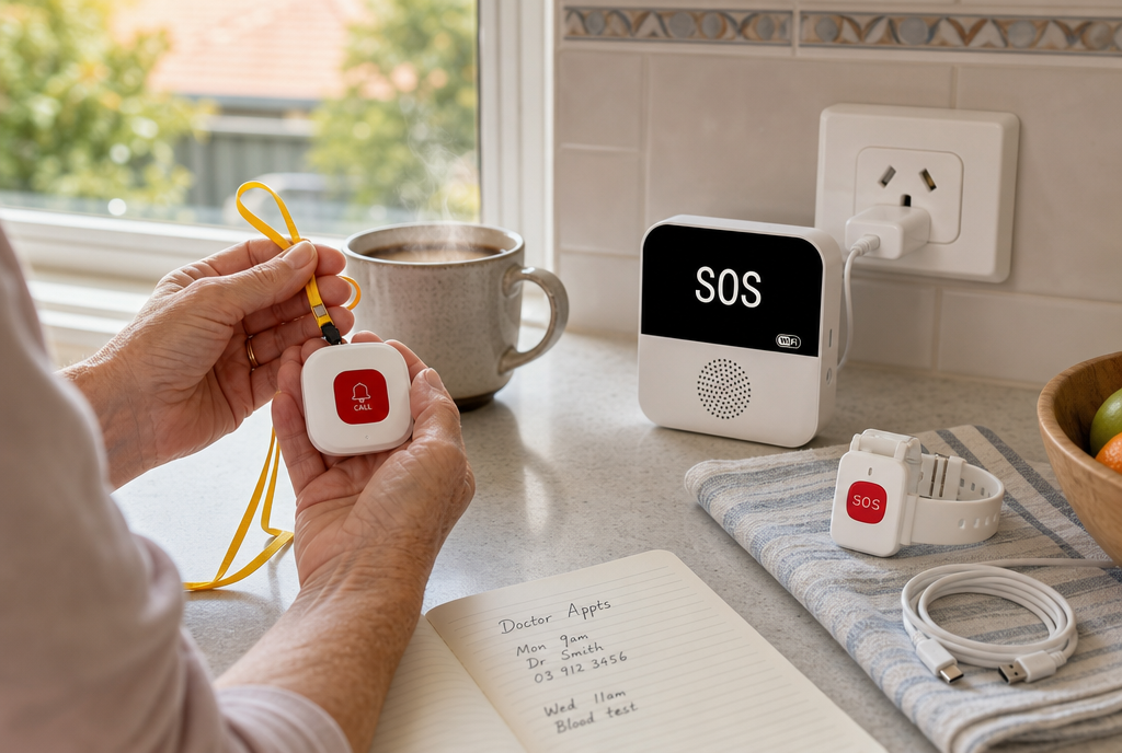 Senior Safe base station with SOS display plugged into an Australian three-pin power outlet on a typical suburban kitchen counter, with the wristband and pendant being attached nearby and a charging cable on the bench