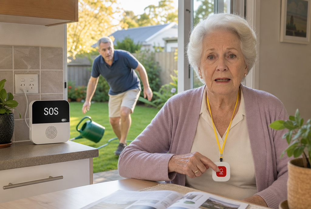 Elderly Australian woman wearing the Senior Safe pendant with yellow lanyard while a family member rushes in through the back door to help — the Senior Safe base station visible on the kitchen counter
