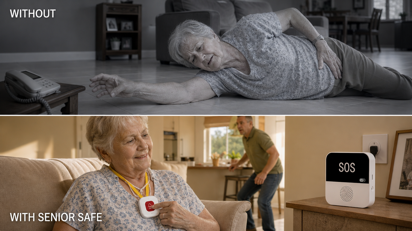 WITHOUT Senior Safe versus WITH Senior Safe — split-screen showing an elderly Australian woman alone after a fall in the top panel, contrasted with the same woman safe at home wearing the Senior Safe wristband with family nearby and the base station on the side table in the bottom panel
