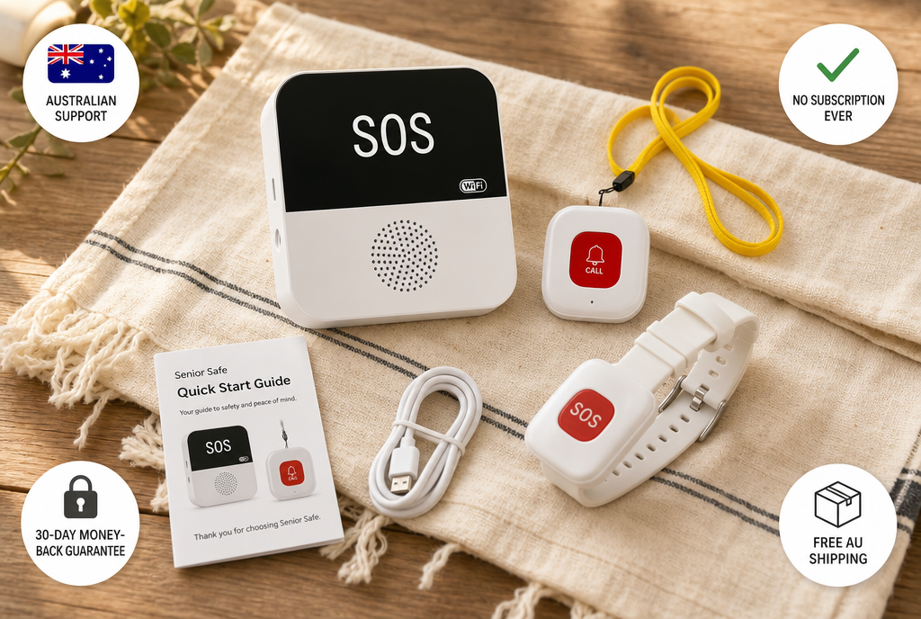 Complete Senior Safe kit displayed on a cream linen blanket — base station with SOS display, wristband and two pendants with bright yellow lanyards, USB-C charging cable and Quick Start Guide booklet, framed by four trust badges in the corners: Australian Support, No Subscription Ever, 30-Day Money-Back Guarantee, Free AU Shipping