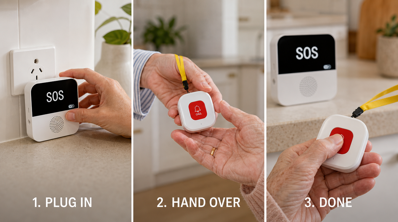 Senior Safe three-step setup — step 1 plug the base station into any power point with the SOS display lighting up, step 2 hand the pendant button to your parent, step 3 press once to test and confirm the alarm sounds at her end
