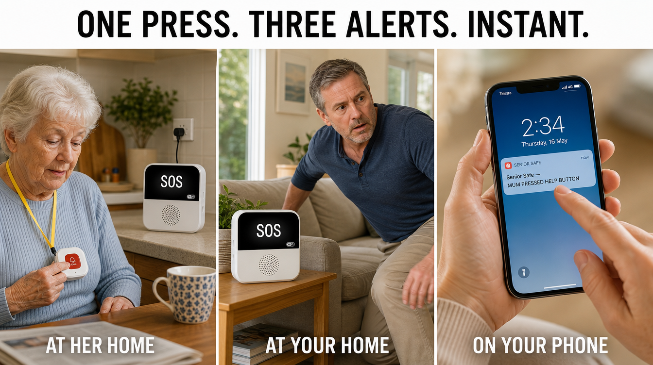 One press, three alerts, instant — three-panel mechanism diagram showing Senior Safe firing the alarm at her home, at your home, and on your phone all at once